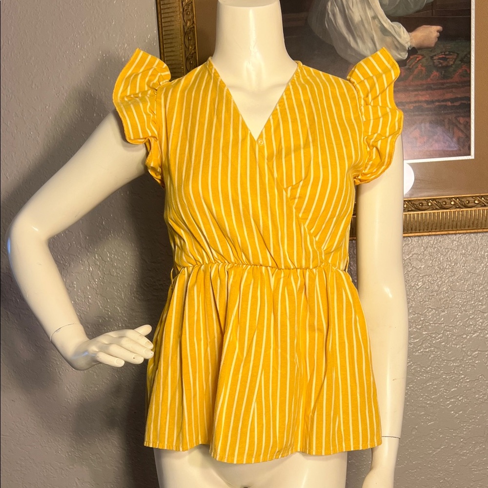 SHEIN Yellow Striped Ruffle Blouse